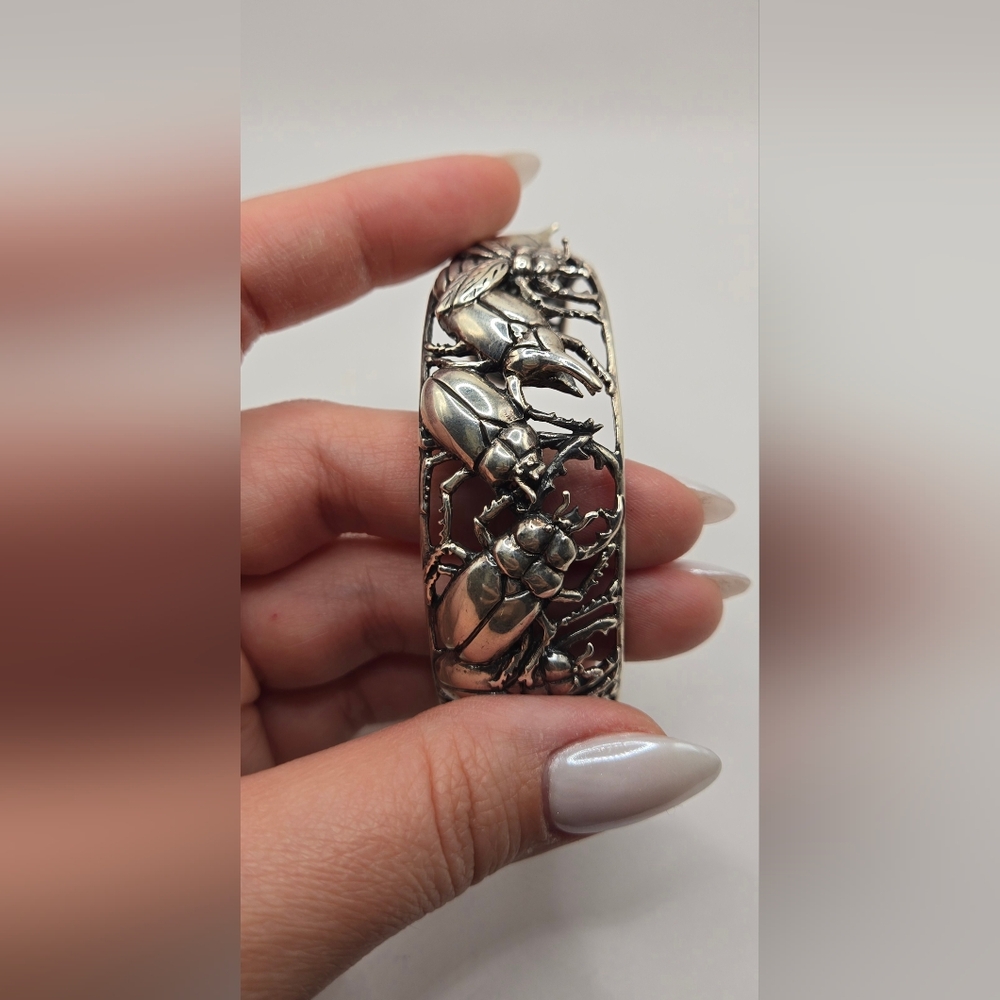 Intricate Solid Sterling Silver Beetle Cuff Brace… - image 8